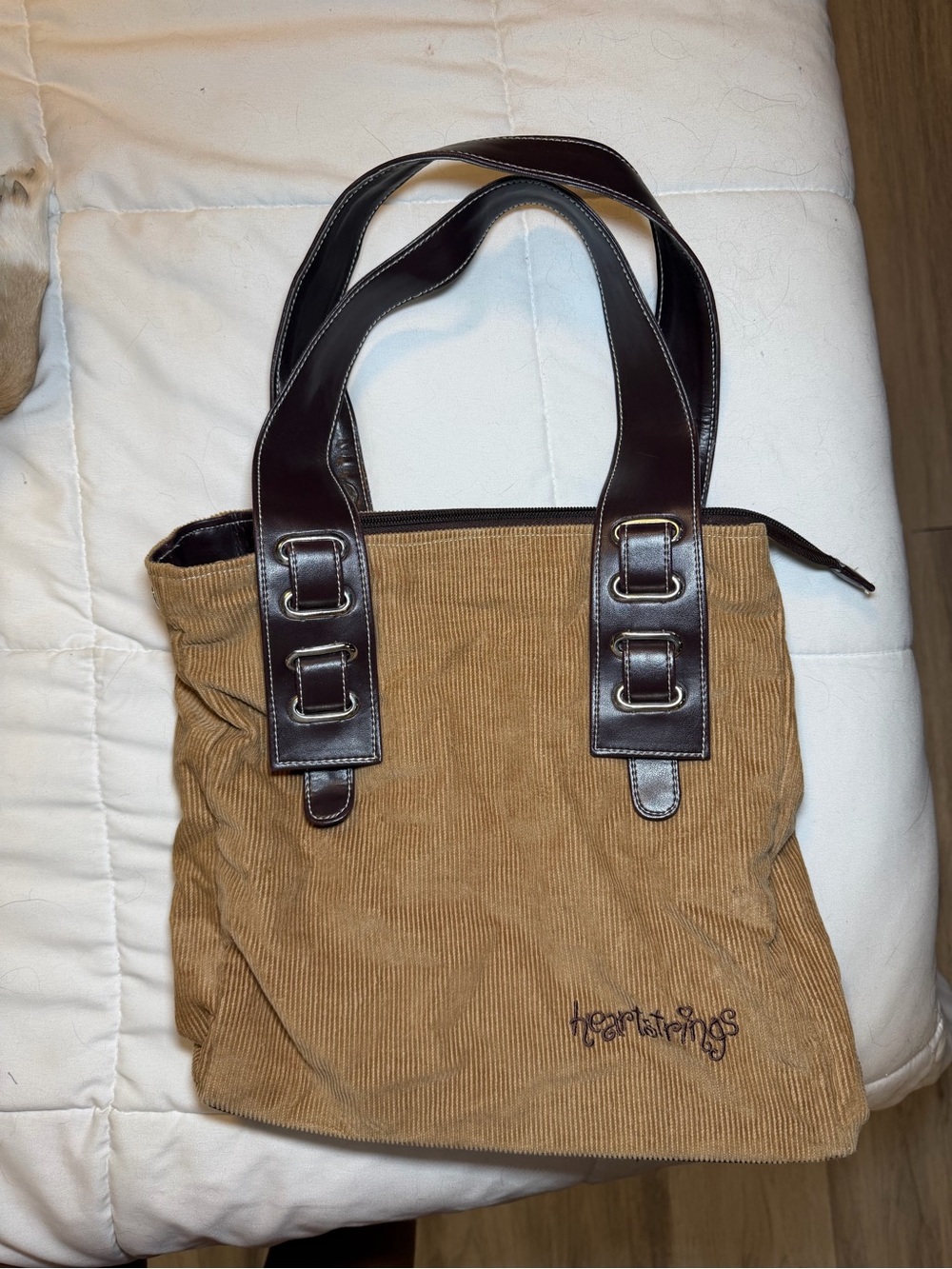 Heartstrings Tan Corduroy Tote with Dark Brown Trim